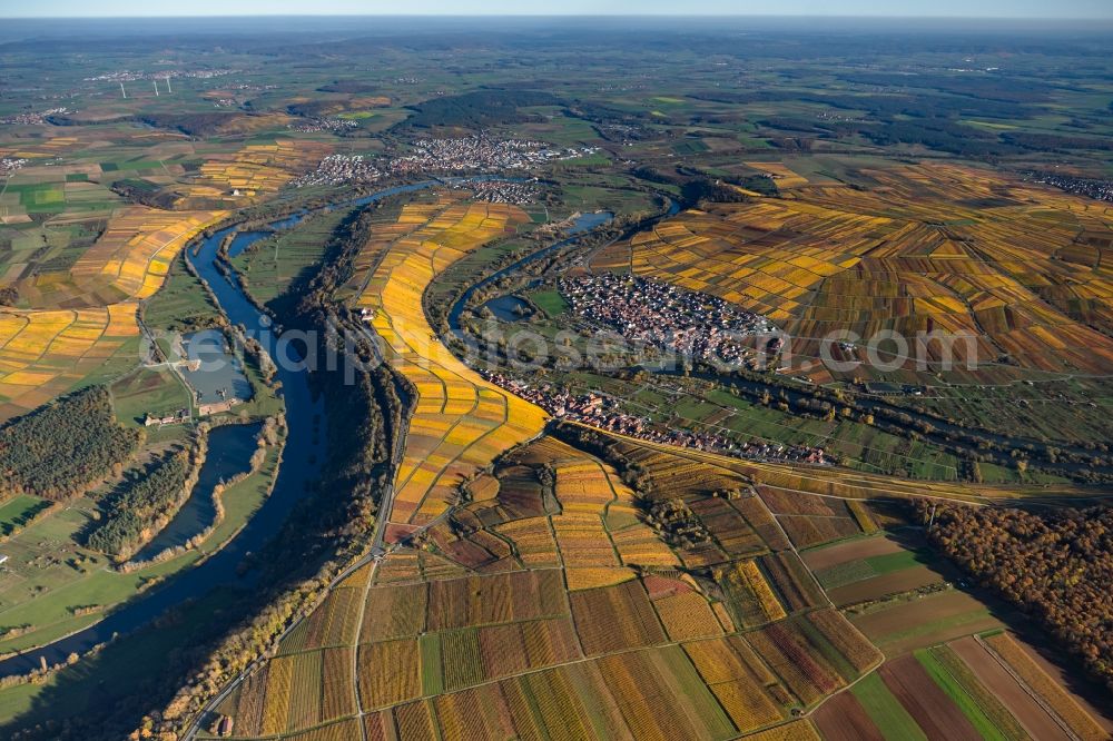 Volkach from the bird's eye view: Autumnal discolored vegetation view fields of wine cultivation landscape on river course of main in Volkach in the state Bavaria, Germany