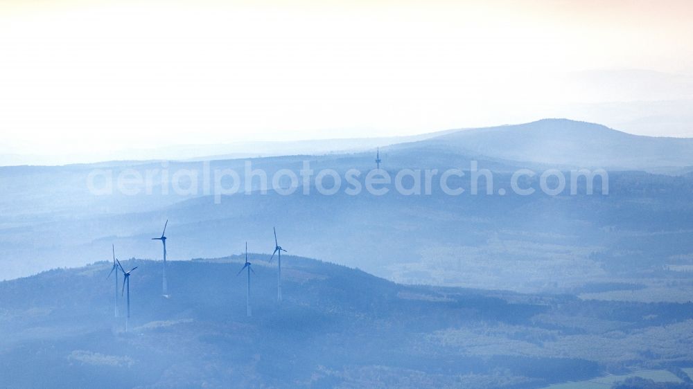 Aerial image Daxweiler - Autumnal discolored vegetation view weather-induced wind energy installations embedded in a fog layer in Oberheimbach in the state Rhineland-Palatinate, Germany