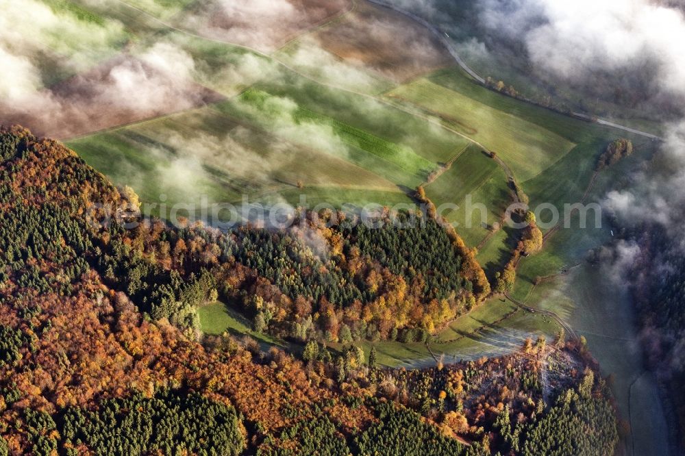 Haina (Kloster) from above - Autumnal discolored vegetation view weather conditions with cloud formation ueber einem Wald in Bad Wildungen in the state Hesse, Germany