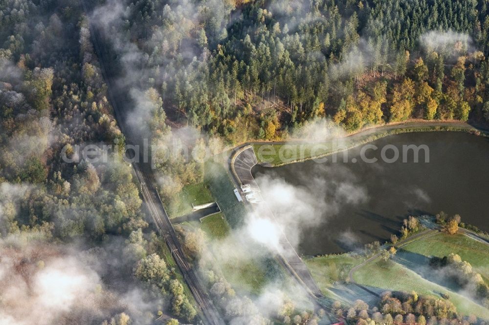 Petersberg from above - Autumnal discolored vegetation view weather conditions with cloud formation Haunetalsperre and Haunesee in Petersberg in the state Hesse, Germany