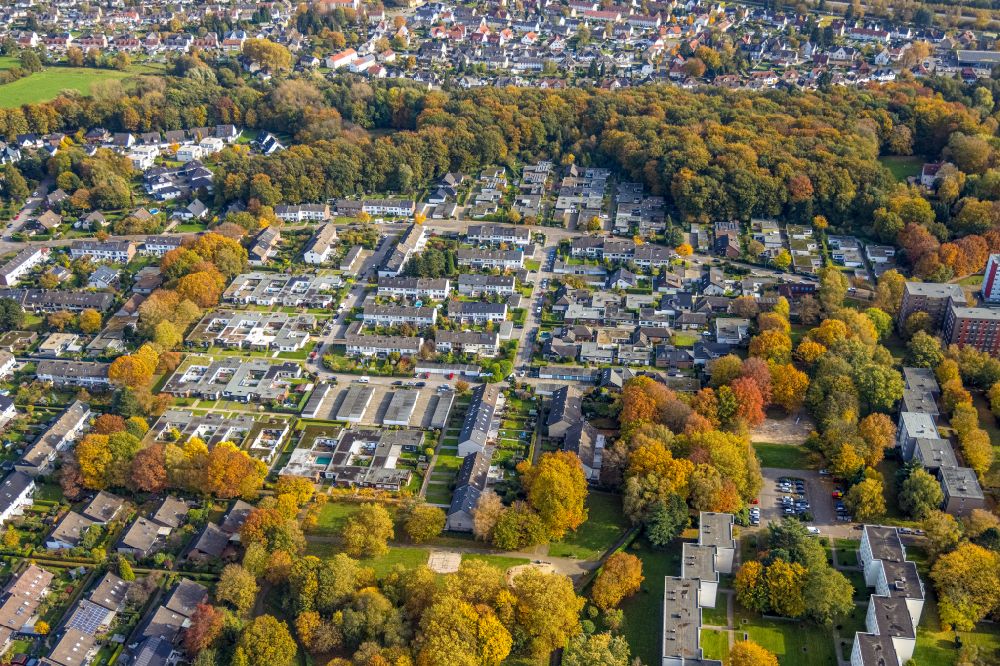 Aerial photograph Gladbeck - Autumnal discolored vegetation view single-family residential area of settlement on street Paul-Loebe-Strasse - Marcq-En-Baroeul-Strasse in the district Rentfort in Gladbeck at Ruhrgebiet in the state North Rhine-Westphalia, Germany
