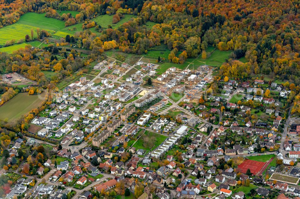 Aerial image Lahr/Schwarzwald - Autumnal discolored vegetation view single-family residential area of settlement Stadtteil Burkheim in Lahr/Schwarzwald in the state Baden-Wurttemberg, Germany