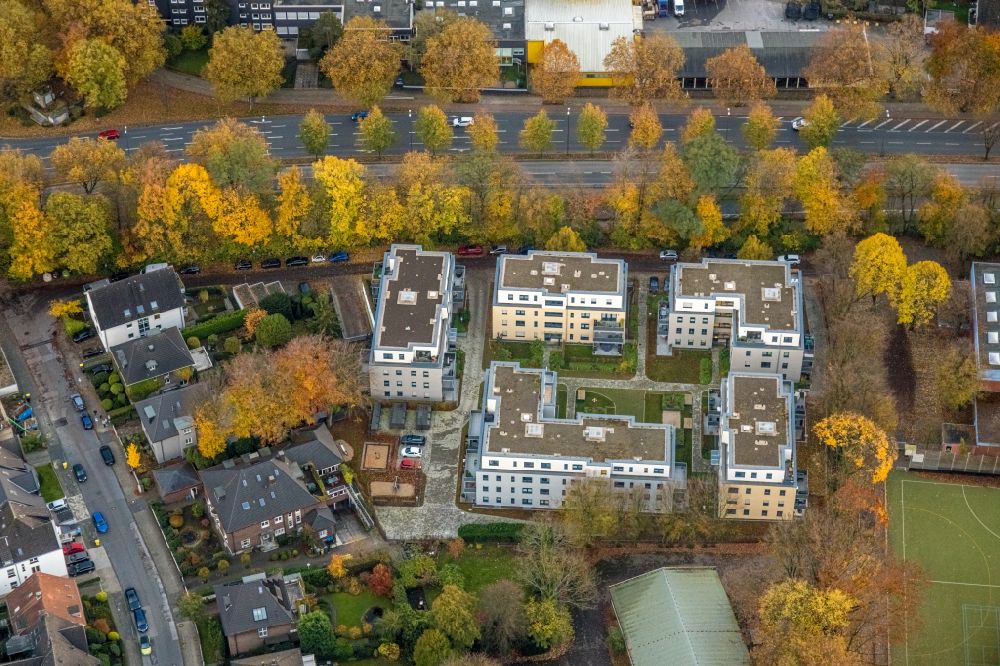 Gelsenkirchen from above - Autumnal discolored vegetation view residential area of the multi-family house settlement on street Breddestrasse in the district Buer in Gelsenkirchen at Ruhrgebiet in the state North Rhine-Westphalia, Germany