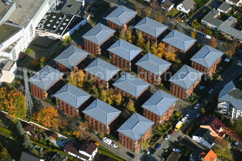 Berlin from the bird's eye view: Autumnal discolored vegetation view residential area of the multi-family house settlement Malchower Weg corner Drossener Strasse in the district Hohenschoenhausen in Berlin, Germany