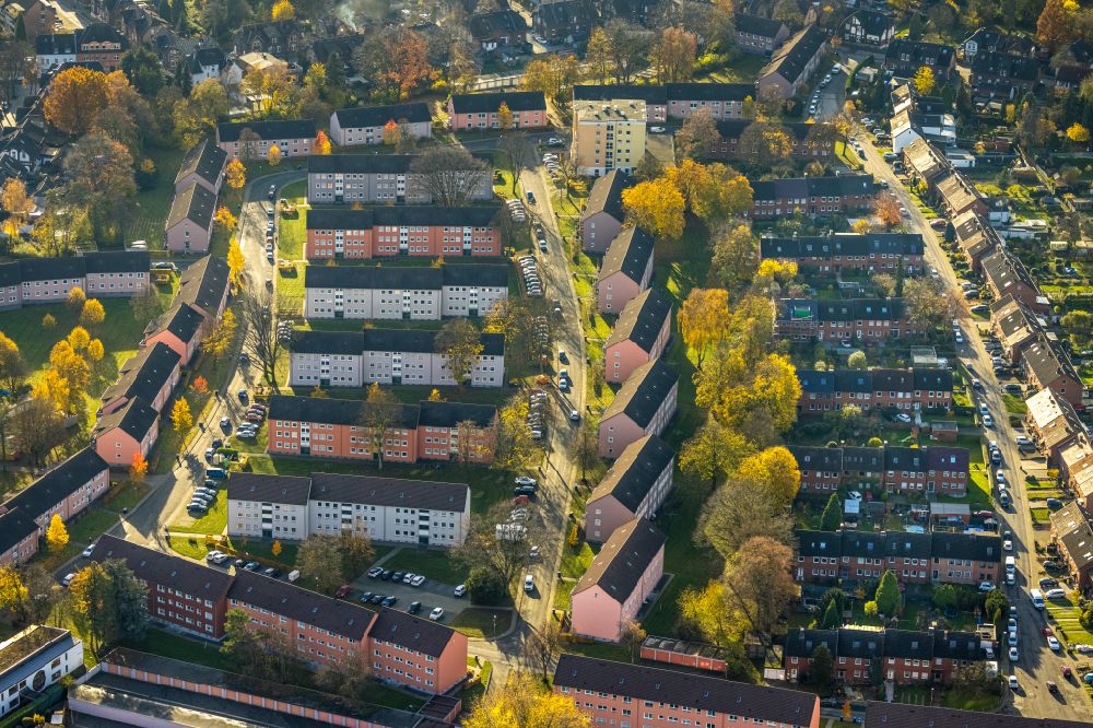 Aerial photograph Bottrop - Autumnal discolored vegetation view residential area of the multi-family house settlement on street Roettgersbank in the district Batenbrock in Bottrop at Ruhrgebiet in the state North Rhine-Westphalia, Germany