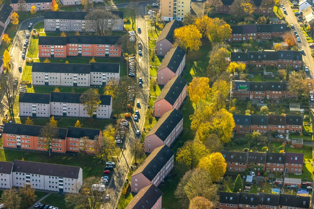 Bottrop from above - Autumnal discolored vegetation view residential area of the multi-family house settlement on street Roettgersbank in the district Batenbrock in Bottrop at Ruhrgebiet in the state North Rhine-Westphalia, Germany