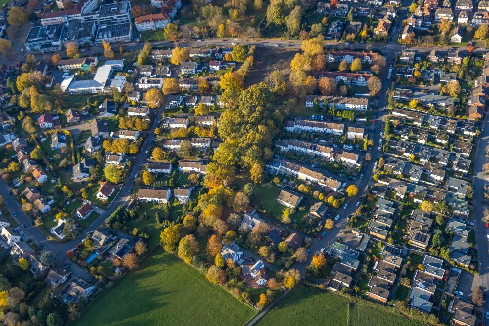 Aerial image Hamm - Autumnal discolored vegetation view multi-family residential area in the form of a row house settlement on street Am Huckenholz - Knappenstrasse - Schuetzenstrasse in the district Norddinker in Hamm at Ruhrgebiet in the state North Rhine-Westphalia, Germany