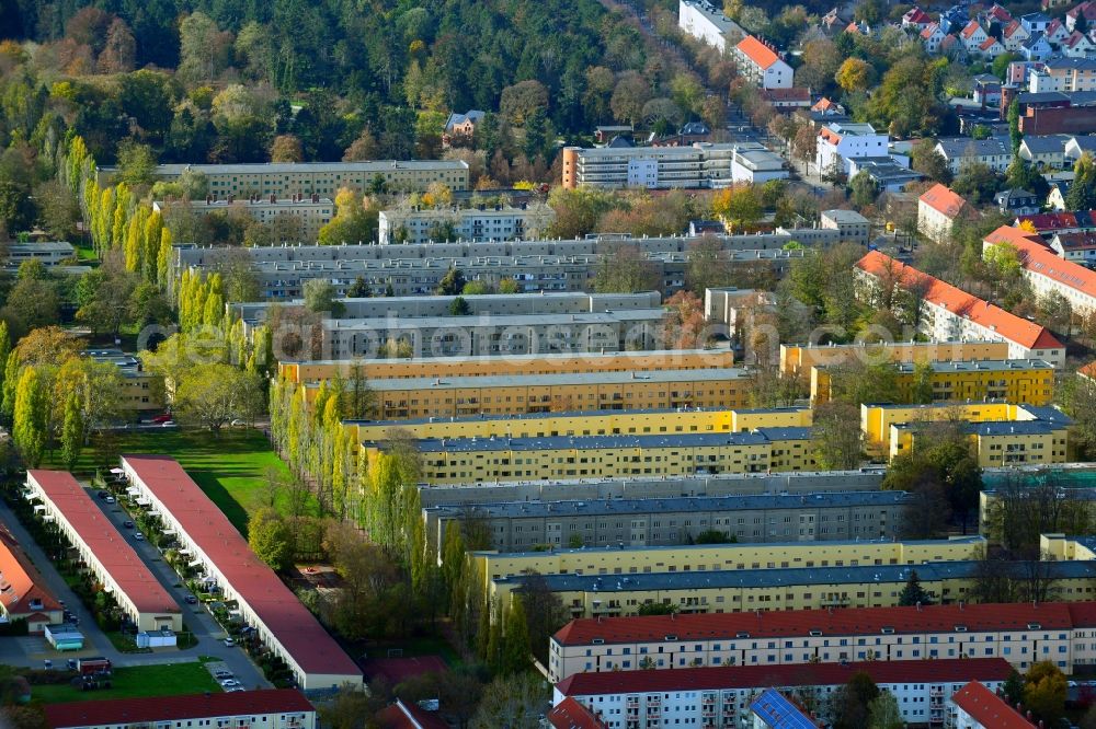 Aerial photograph Magdeburg - Autumnal discolored vegetation view residential area a row house settlement Walbecker Strasse - Hohendodeleber Strasse in the district Stadtfeld West in Magdeburg in the state Saxony-Anhalt