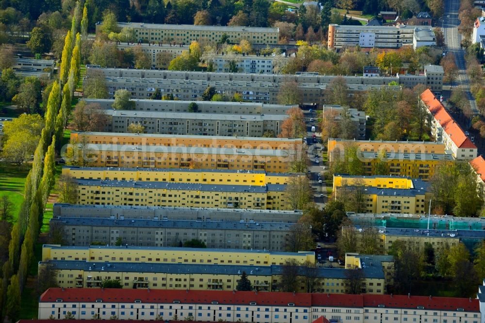 Magdeburg from above - Autumnal discolored vegetation view residential area a row house settlement Walbecker Strasse - Hohendodeleber Strasse in the district Stadtfeld West in Magdeburg in the state Saxony-Anhalt