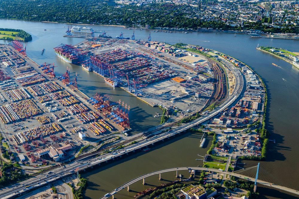 Aerial photograph Hamburg - HHLA Logistics Container Terminal Burchardkai in the Port of Hamburg harbor in Hamburg in Germany