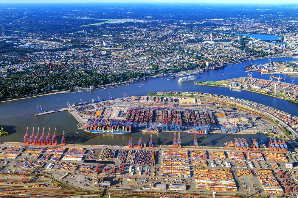 Hamburg from above - HHLA Logistics Container Terminal Burchardkai in the Port of Hamburg harbor in Hamburg in Germany