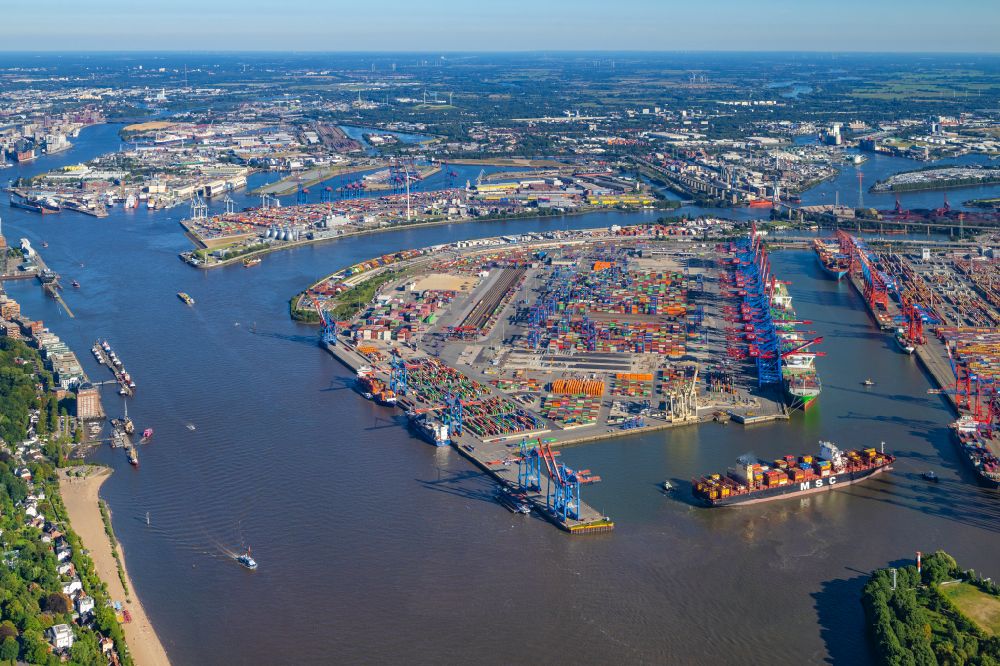 Aerial image Hamburg - HHLA Logistics Container Terminal Burchardkai in the Port of Hamburg harbor in Hamburg in Germany
