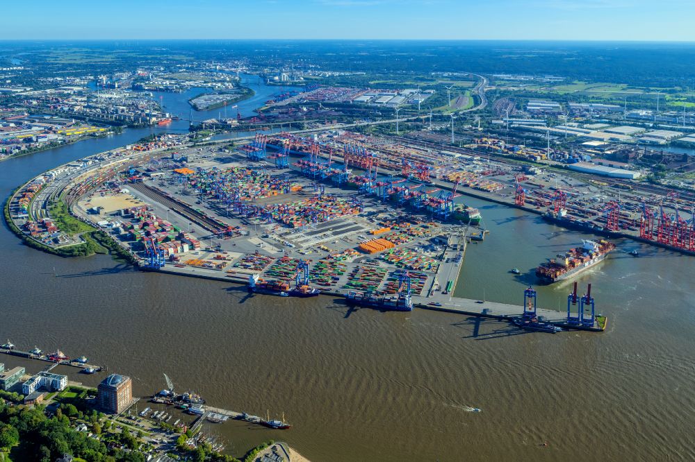 Hamburg from the bird's eye view: HHLA Logistics Container Terminal Burchardkai in the Port of Hamburg harbor in Hamburg in Germany