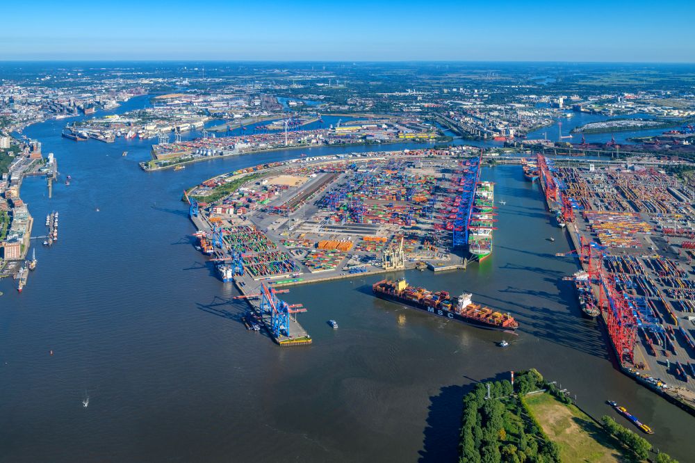 Aerial image Hamburg - HHLA Logistics Container Terminal Burchardkai in the Port of Hamburg harbor in Hamburg in Germany