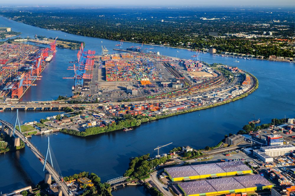 Aerial photograph Hamburg - HHLA Logistics Container Terminal Burchardkai in the Port of Hamburg harbor in Hamburg in Germany