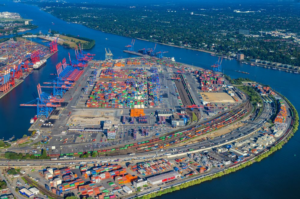 Hamburg from the bird's eye view: HHLA Logistics Container Terminal Burchardkai in the Port of Hamburg harbor in Hamburg in Germany