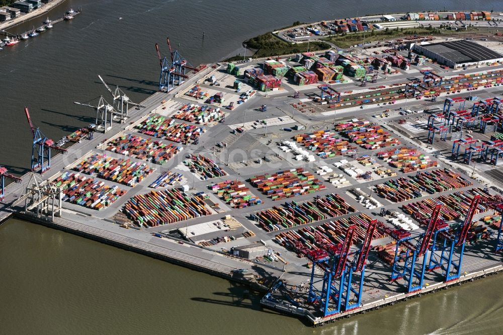 Aerial image Hamburg - View on container and container ships at berth HHLA Logistics Container Terminal Burchhardkai and Walter Hofer Euro Gate Container Terminal in the Port of Hamburg harbor in Hamburg