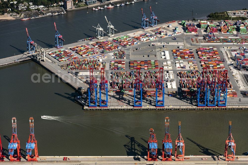 Aerial photograph Hamburg - View on container and container ships at berth HHLA Logistics Container Terminal Burchhardkai and Walter Hofer Euro Gate Container Terminal in the Port of Hamburg harbor in Hamburg