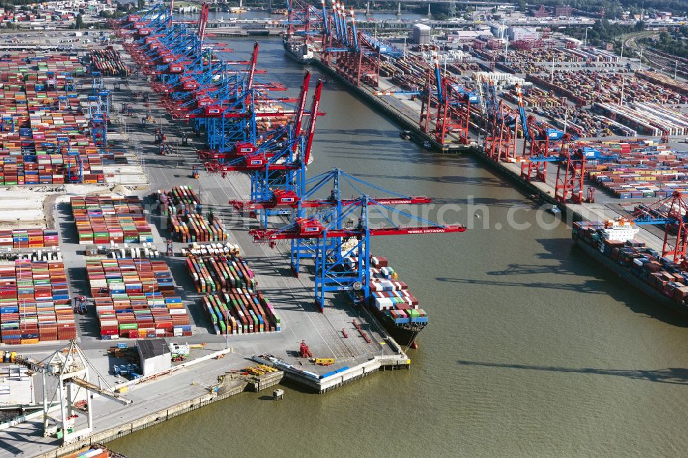 Hamburg from above - View on container and container ships at berth HHLA Logistics Container Terminal Burchhardkai and Walter Hofer Euro Gate Container Terminal in the Port of Hamburg harbor in Hamburg