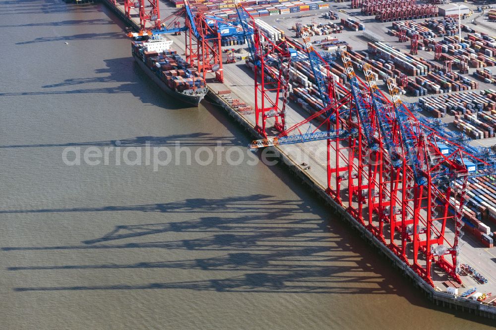 Aerial photograph Hamburg - View on container and container ships at berth HHLA Logistics Container Terminal Burchhardkai and Walter Hofer Euro Gate Container Terminal in the Port of Hamburg harbor in Hamburg