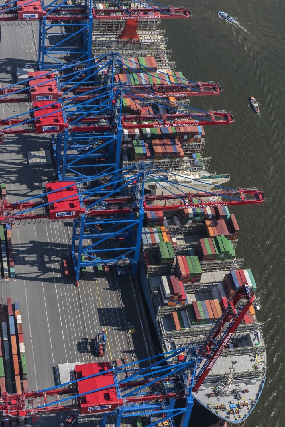 Aerial photograph Hamburg - View on container and container ships at berth HHLA Logistics Container Terminal Burchhardkai and Walter Hofer Euro Gate Container Terminal in the Port of Hamburg harbor in Hamburg. Containership MOL Triumph