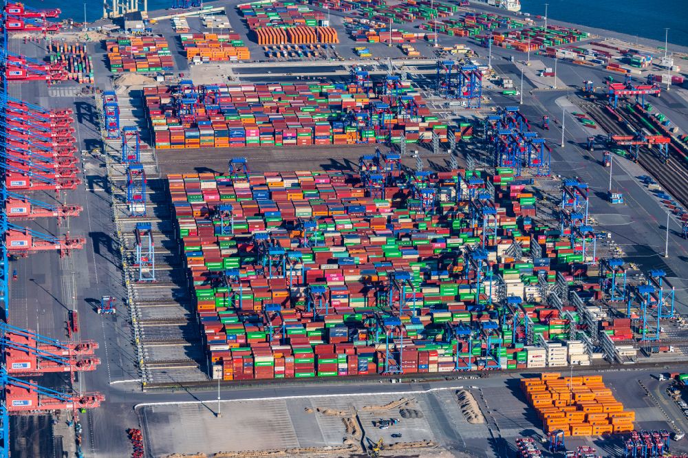 Aerial image Hamburg - HHLA Logistics Container Terminal at the port Waltershofer Hafen in Hamburg