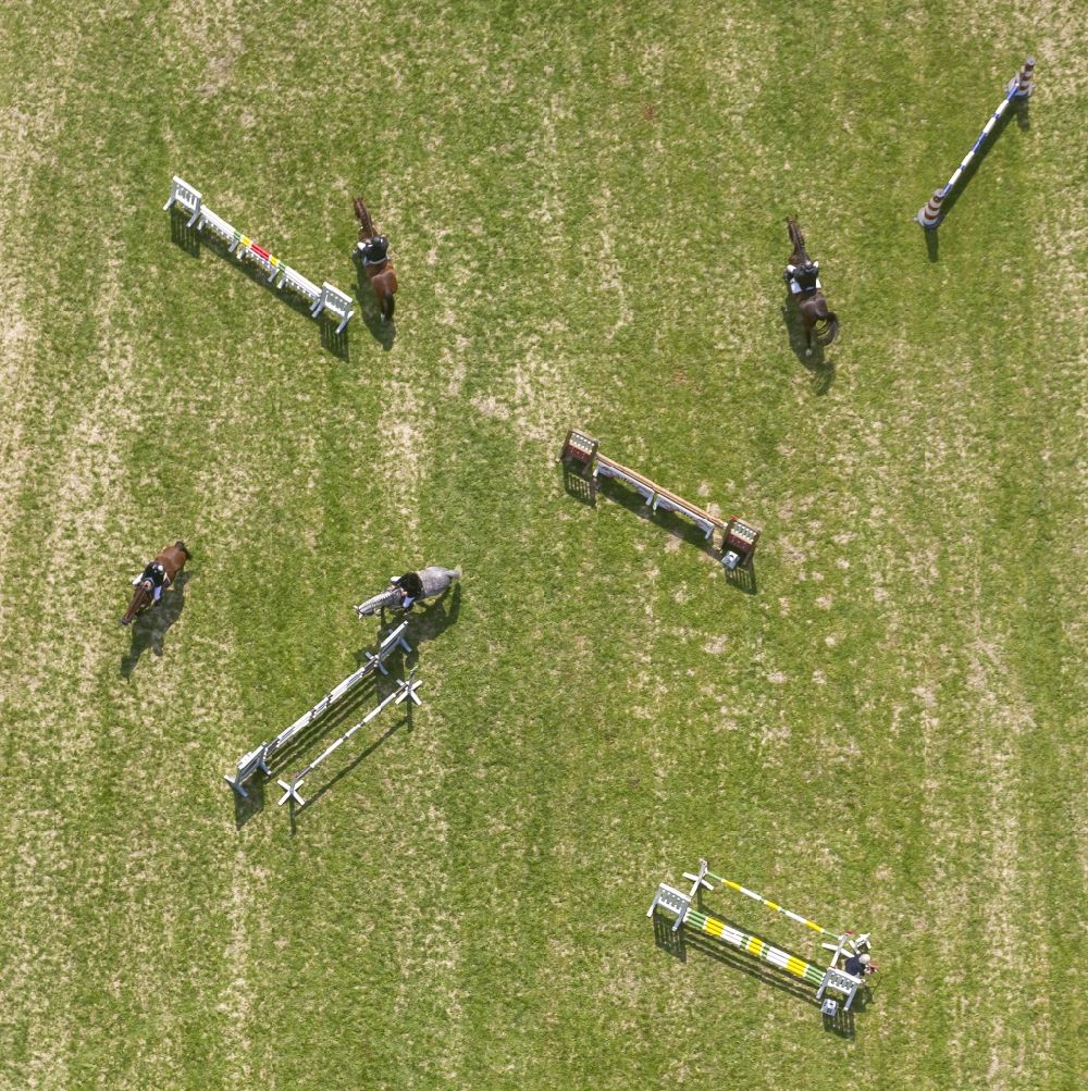 Jüchen from the bird's eye view: Obstacles in the paddock during the Horse Show at the Horse and Driving Club Hessen eV in Hamm in North Rhine-Westphalia