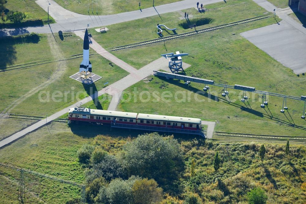 Peenemünde from above - View of the Peenemünde Information Centre for History and Technology. Amongst the showpieces on display in the open-air part of the site are a replica V-1 flying bomb, the A4 rocket and the former Peenemünde railbus