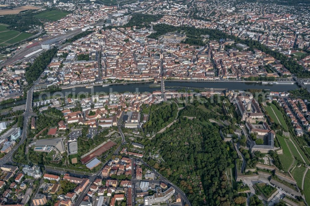 Würzburg from the bird's eye view: Historic old town area and city center with Main in Wuerzburg in the state Bavaria, Germany