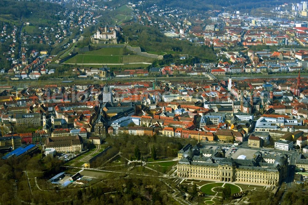Würzburg from the bird's eye view: Historic old town area and downtown with palace of the Residenz, Main and Marienberg Fortress in Wuerzburg in the state Bavaria, Germany