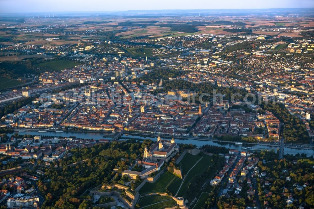 Aerial image Würzburg - Historic old town area and downtown with palace of the Residenz, Main and Marienberg Fortress in Wuerzburg in the state Bavaria, Germany
