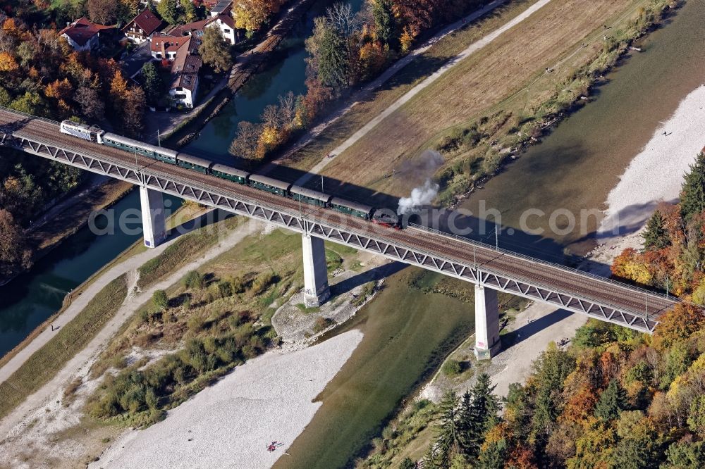 Pullach im Isartal from the bird's eye view: Ancient electric train and steam train on the Grosshesseloher Bruecke in Pullach im Isartal in the state Bavaria