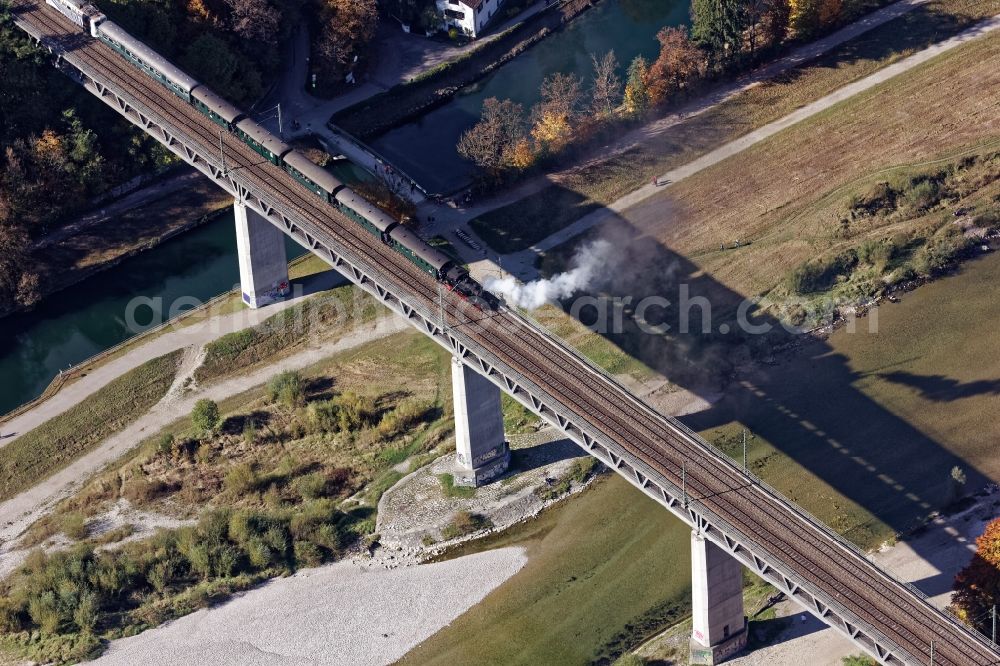 Aerial image Pullach im Isartal - Ancient electric train and steam train on the Grosshesseloher Bruecke in Pullach im Isartal in the state Bavaria