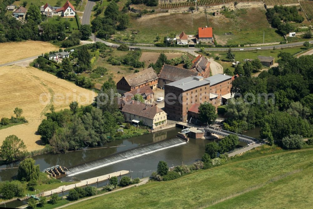 Freyburg (Unstrut) from above - Historic mill on a farm homestead on the edge of cultivated fields in the district Zscheiplitz in Freyburg (Unstrut) in the state Saxony-Anhalt, Germany