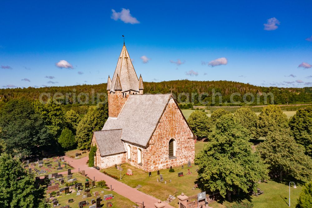 Aerial image Finströms kyrka - Historic church complex St. Mikaels kyrka in Finstroems kyrka in Alands landsbygd, Aland