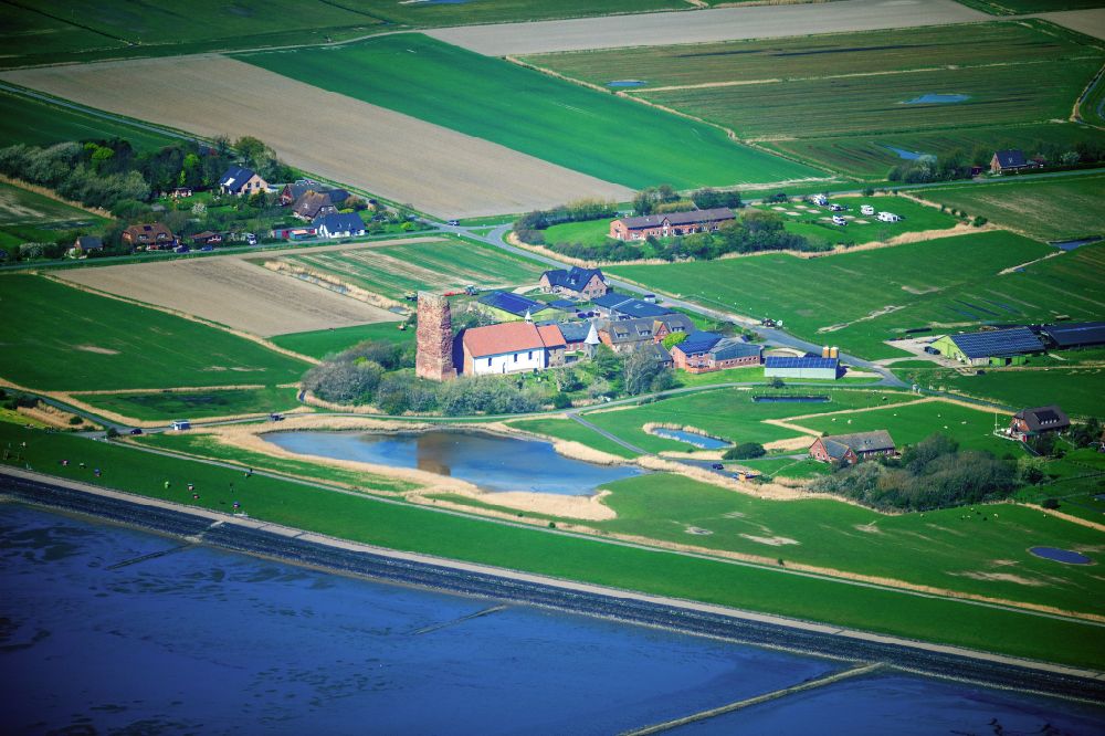 Aerial image Pellworm - Historical church building complex Kirch Ruine and new church in Pellworm Nordfriesland in the state Schleswig-Holstein, Germany