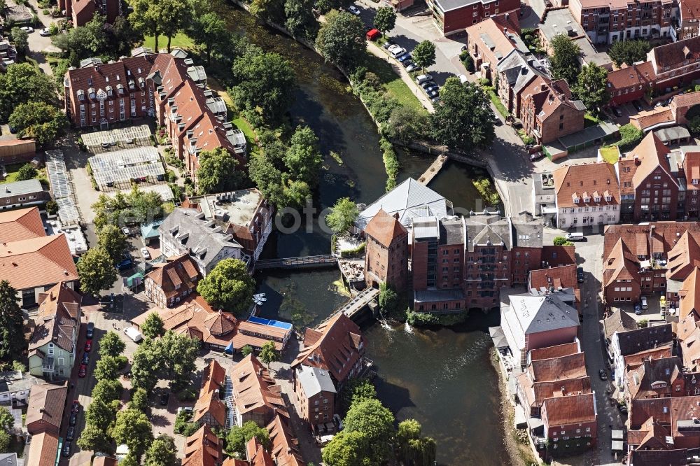 Lüneburg from above - Historic Quays at the old port with Luener Muehle Restaurant & Vinothek in Lueneburg in the state Lower Saxony, Germany
