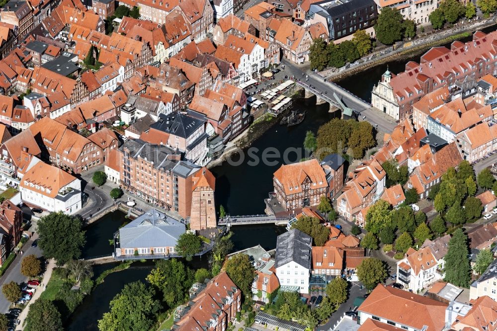 Aerial image Lüneburg - Historic Quays at the old port with Luener Muehle Restaurant & Vinothek in Lueneburg in the state Lower Saxony, Germany