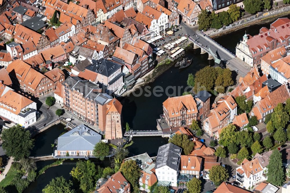 Lüneburg from above - Historic Quays at the old port with Luener Muehle Restaurant & Vinothek in Lueneburg in the state Lower Saxony, Germany