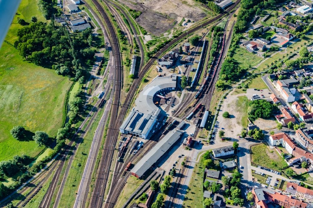 Wittenberge from above - Historic locomotive shed at the train station in Wittenberge in the state Brandenburg, Germany