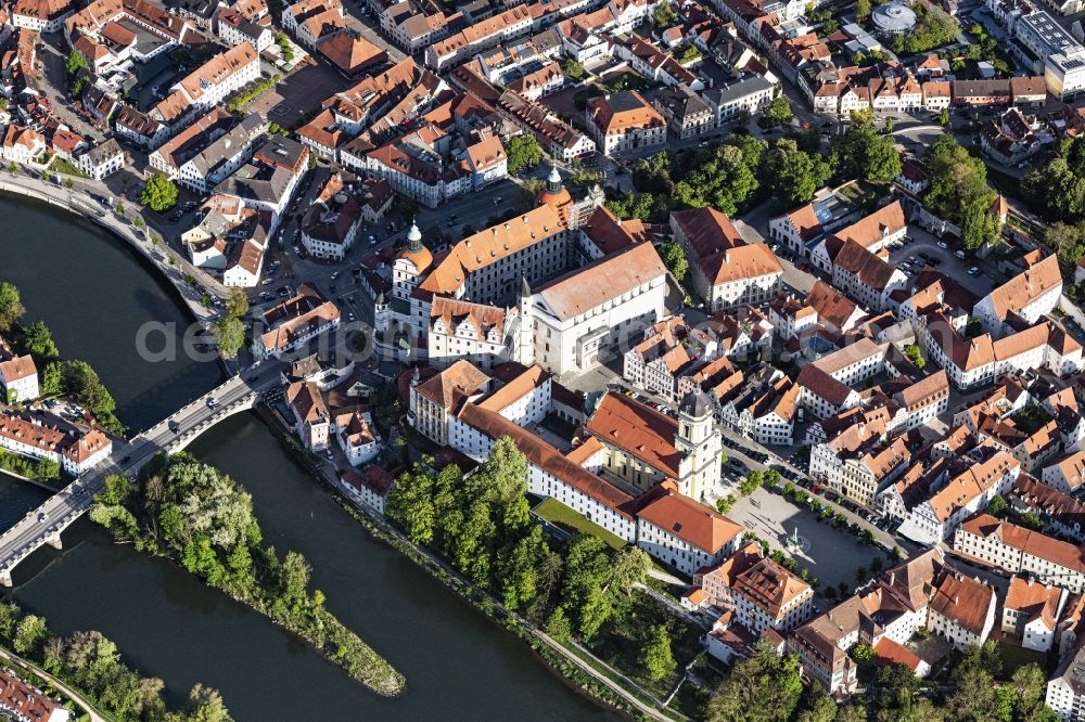 Aerial image Neuburg an der Donau - Historic old town of Neuburg an der Donau in the state of Bavaria. The large city castle dates back to a medieval castle and now houses the Schlossmuseum. In the center town parish church of St. Peter and Hofkirche and the town hall