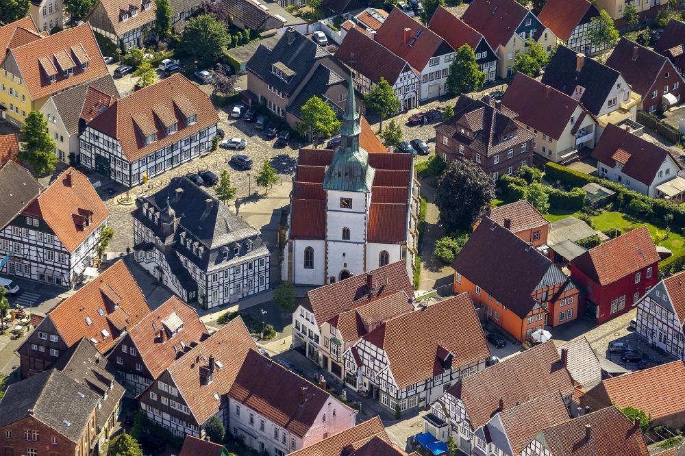 Rietberg from above - Historical City Hall of Rietberg and building the Catholic parish church of St. John Baptist in the center of Rietberg in East Westphalia in North Rhine-Westphalia