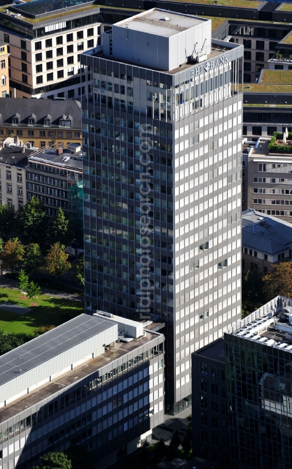 Frankfurt am Main from above - View of skyscraper of the BHF Bank in Frankfurt am Main in Hesse