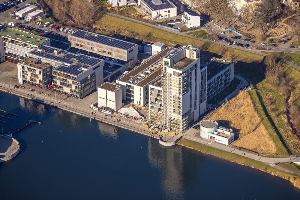 Aerial photograph Dortmund - High-rise building complex Comunita Residenz am Phoenix See An den Emscherauen in the district Hoerde in Dortmund at Ruhrgebiet in the state North Rhine-Westphalia, Germany