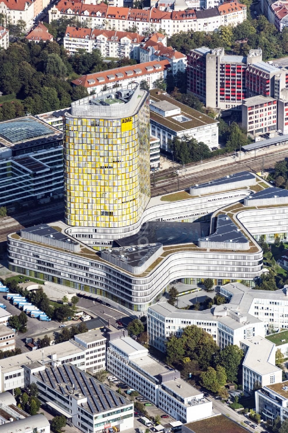 München from above - High-rise ensemble of ADAC Zentrale in the district Sendling-Westpark in Munich in the state Bavaria, Germany