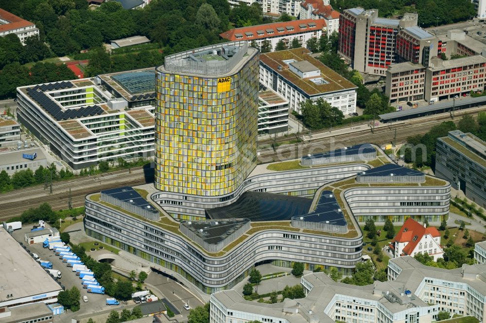 München from the bird's eye view: High-rise ensemble of ADAC Zentrale in the district Sendling-Westpark in Munich in the state Bavaria, Germany