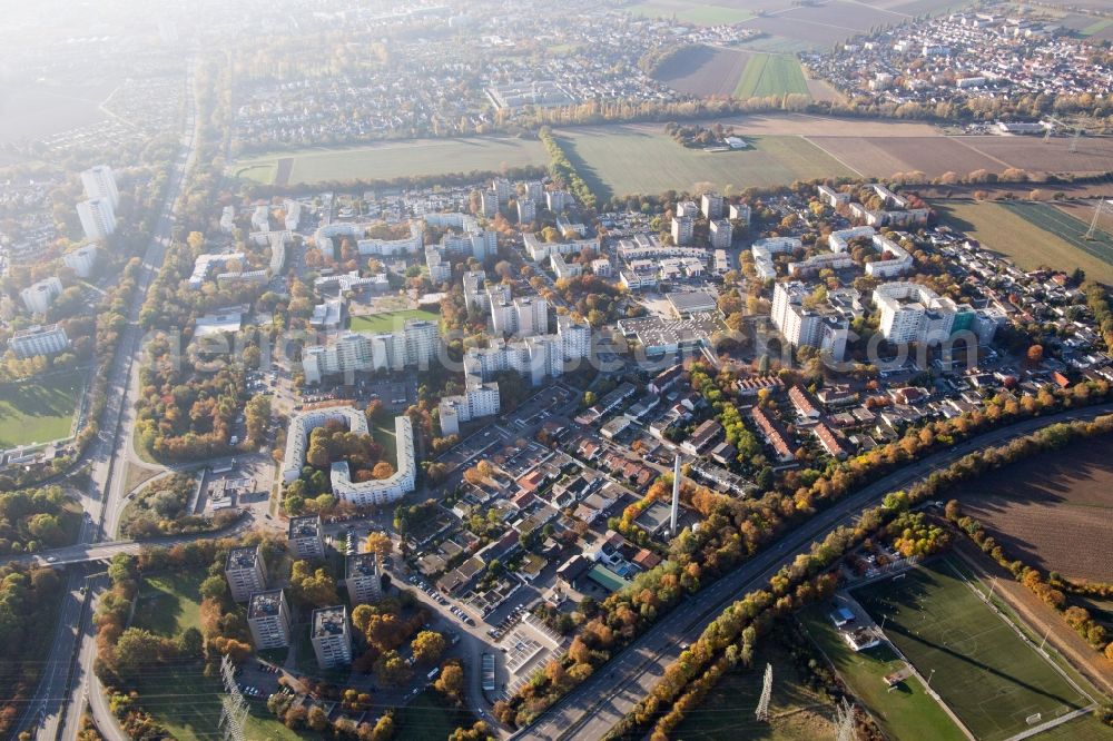 Aerial photograph Ludwigshafen am Rhein - High-rise ensemble of Londoner Ring in the district Pfingtsweide in Ludwigshafen am Rhein in the state Rhineland-Palatinate
