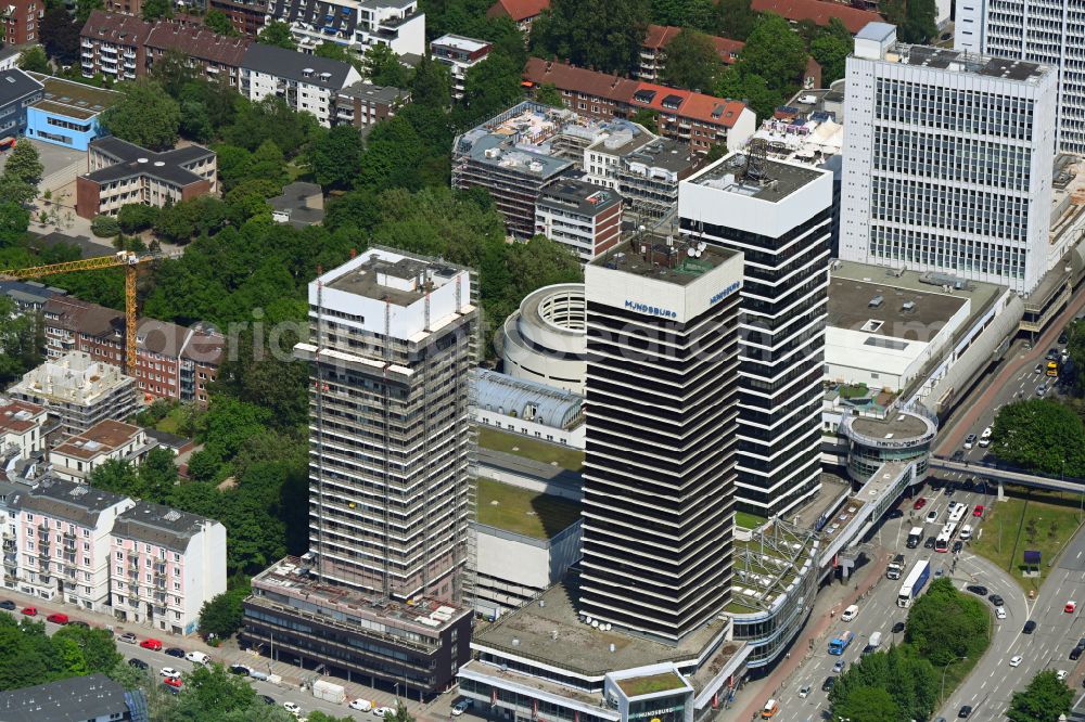 Hamburg from the bird's eye view: High-rise ensemble of Mundsburg in the district Barmbek-Sued in Hamburg, Germany