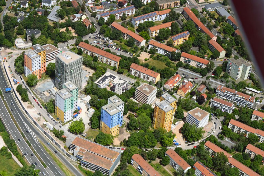 Erlangen from the bird's eye view: High-rise ensemble of Quartier Isarring on street Isarstrasse in the district Bruck in Erlangen in the state Bavaria, Germany