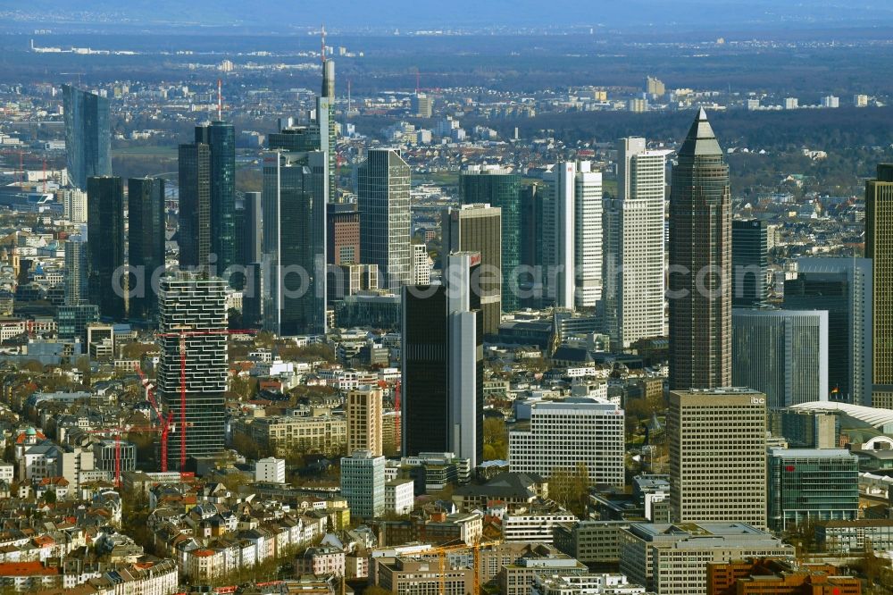 Frankfurt am Main from the bird's eye view: High-rise ensemble of Skyline in Frankfurt in the state Hesse, Germany